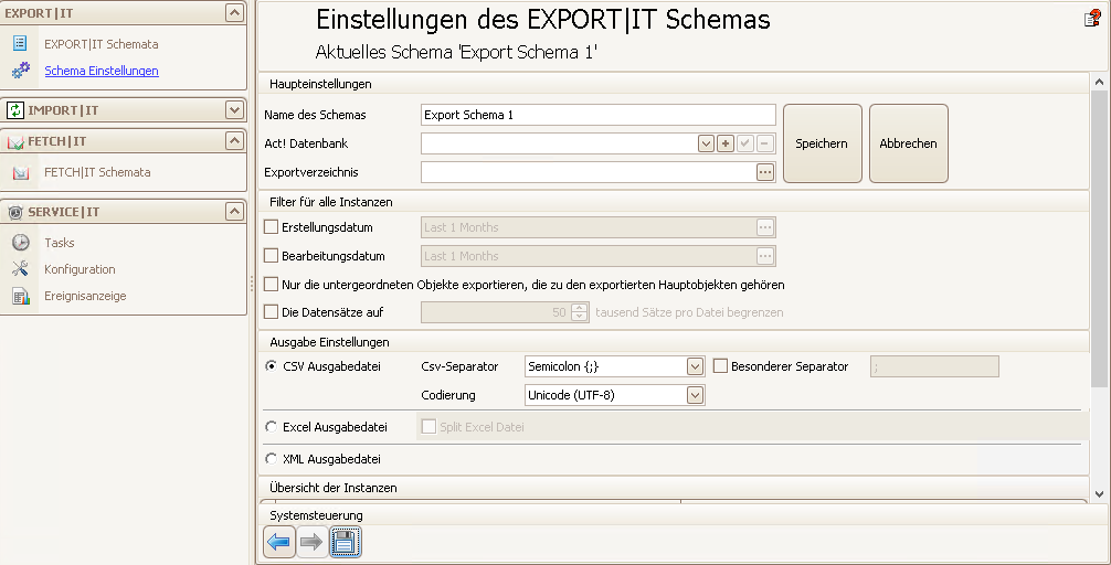 einstellungen des export schemas neu