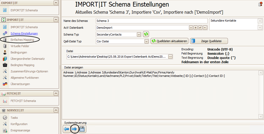 import schema sekundäre kontakte