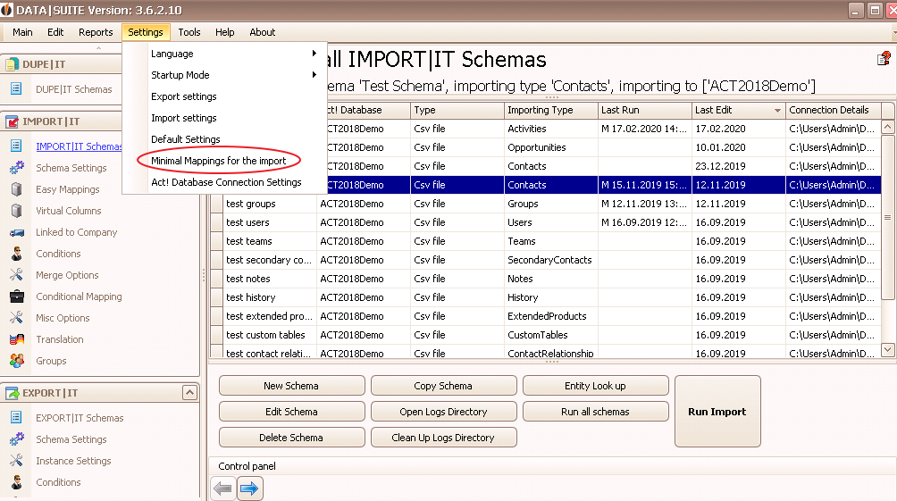 minimale einstellungen für den import 4