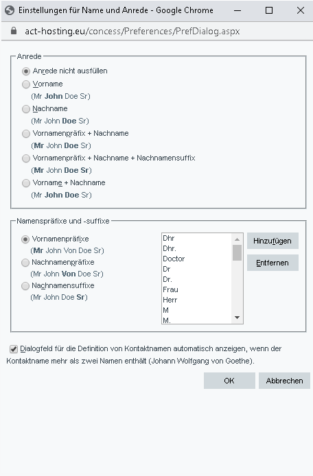 name und anrede einstellen