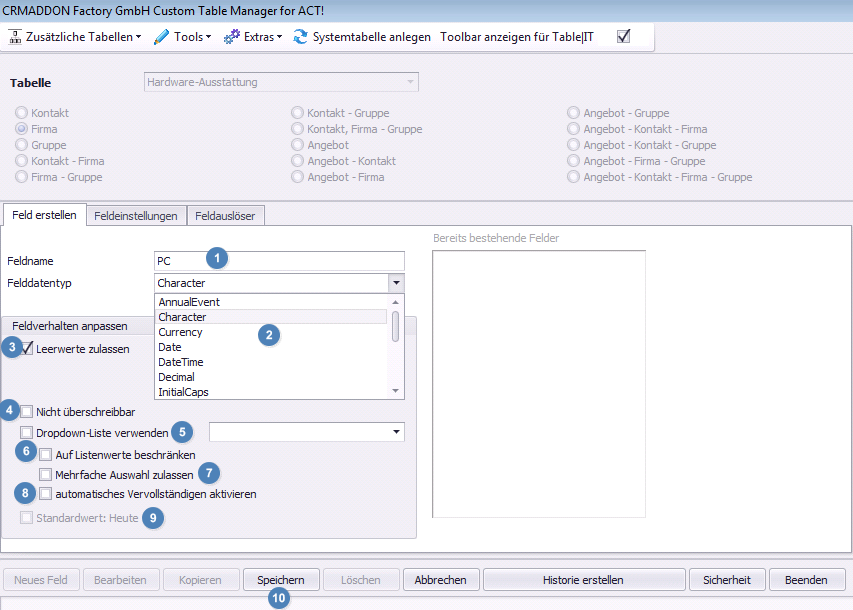 tableit anlage neues feld name