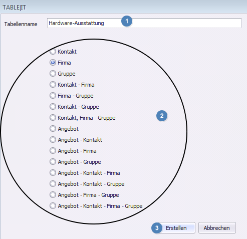 tableit neue tabelle nme und entitaet